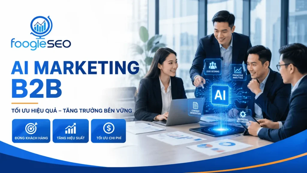Banner AI Marketing B2B của FOOGLESEO giới thiệu giải pháp AI giúp doanh nghiệp B2B tự động hóa marketing, phân tích dữ liệu, tối ưu chuyển đổi và nâng cao hiệu quả kinh doanh.
