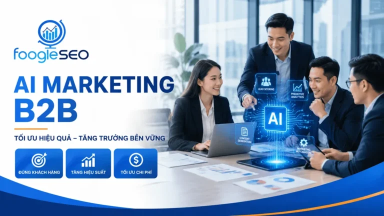 Banner AI Marketing B2B của FOOGLESEO giới thiệu giải pháp AI giúp doanh nghiệp B2B tự động hóa marketing, phân tích dữ liệu, tối ưu chuyển đổi và nâng cao hiệu quả kinh doanh.