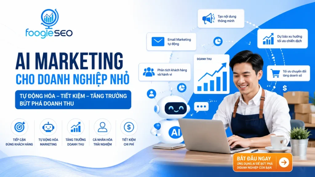 AI Marketing cho doanh nghiệp nhỏ giúp tự động hóa marketing, phân tích khách hàng, cá nhân hóa trải nghiệm, tối ưu chuyển đổi và tăng trưởng doanh thu với giải pháp AI của FOOGLESEO.