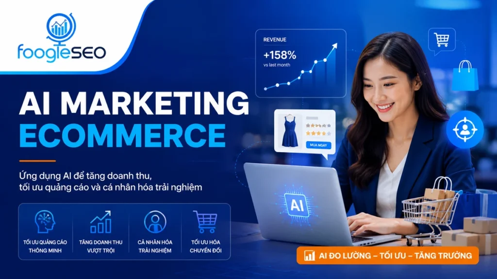 Hình minh họa AI Marketing Ecommerce là giải pháp AI tối ưu quảng cáo, tăng doanh thu thương mại điện tử, cá nhân hóa trải nghiệm khách hàng và phân tích dữ liệu bán hàng.