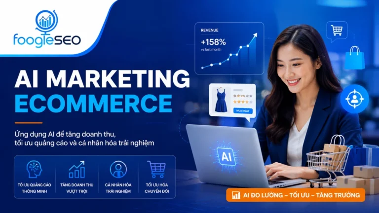 Hình minh họa AI Marketing Ecommerce là giải pháp AI tối ưu quảng cáo, tăng doanh thu thương mại điện tử, cá nhân hóa trải nghiệm khách hàng và phân tích dữ liệu bán hàng.
