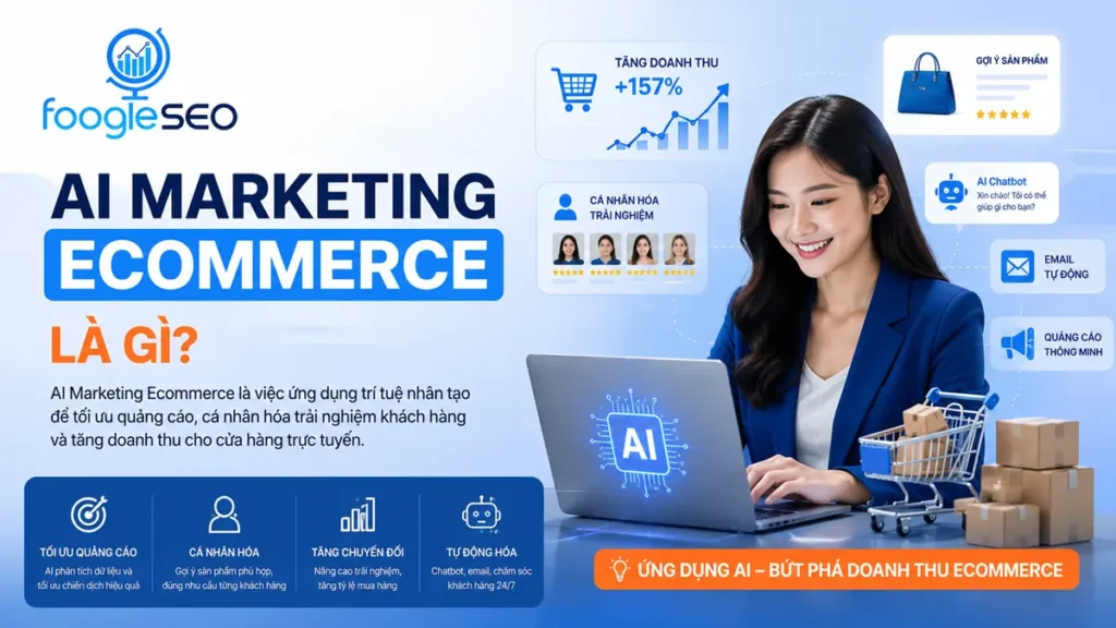 Hình mô tả AI Marketing Ecommerce là ứng dụng trí tuệ nhân tạo giúp tối ưu quảng cáo, cá nhân hóa trải nghiệm khách hàng, tự động hóa marketing và tăng doanh thu thương mại điện tử.