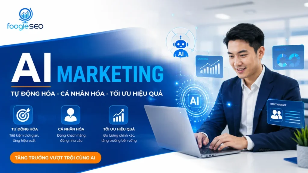 Banner AI Marketing của FOOGLESEO giới thiệu giải pháp ứng dụng trí tuệ nhân tạo trong marketing để tăng trưởng doanh nghiệp.