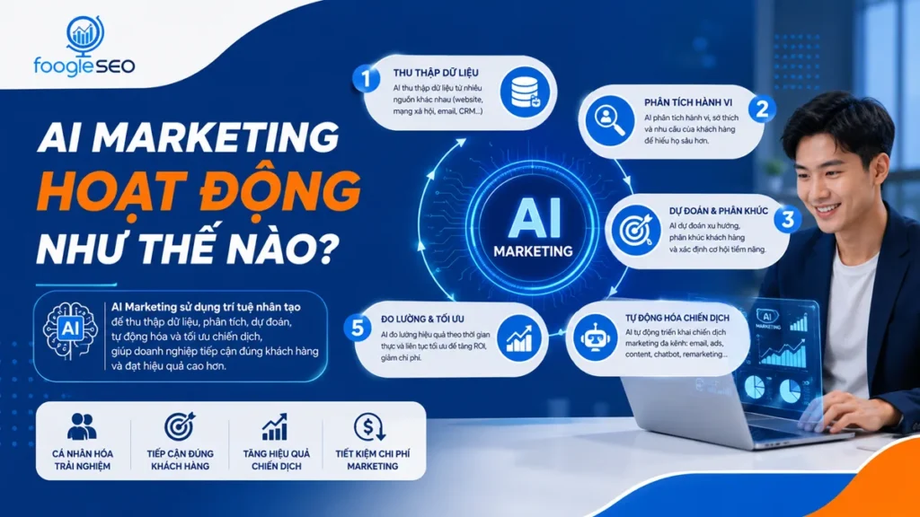 AI Marketing hoạt động bằng cách thu thập dữ liệu, phân tích hành vi khách hàng, dự đoán xu hướng, tự động hóa chiến dịch và liên tục tối ưu hiệu quả marketing nhờ trí tuệ nhân tạo (AI).