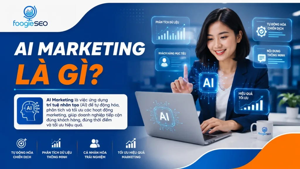 AI Marketing là việc ứng dụng trí tuệ nhân tạo để tự động hóa chiến dịch, phân tích dữ liệu, cá nhân hóa trải nghiệm khách hàng và tối ưu hiệu quả marketing cho doanh nghiệp.