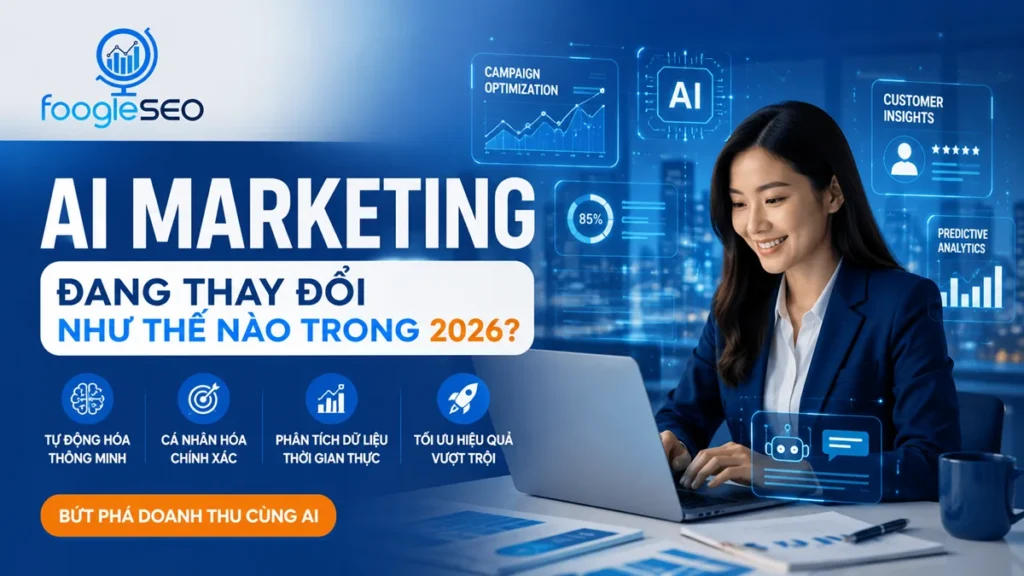 Infographic AI Marketing 2026 giới thiệu xu hướng tự động hóa, phân tích dữ liệu thời gian thực và cá nhân hóa chiến lược marketing.
