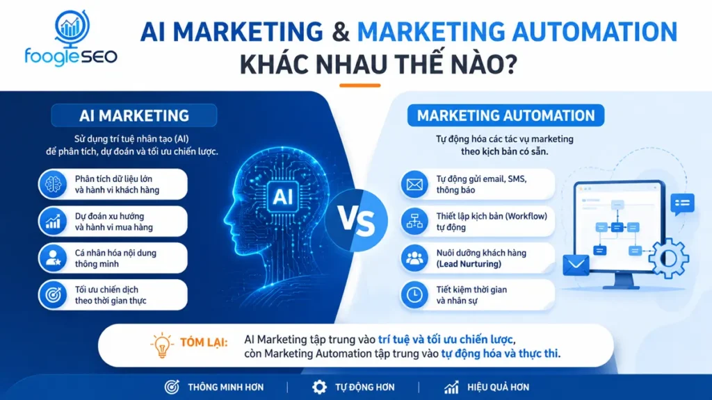 Infographic so sánh AI Marketing và Marketing Automation, giải thích sự khác nhau giữa trí tuệ nhân tạo trong marketing và tự động hóa quy trình tiếp thị giúp doanh nghiệp tối ưu hiệu quả.