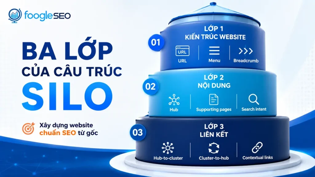 Ba lớp của cấu trúc silo gồm kiến trúc website, nội dung và internal link