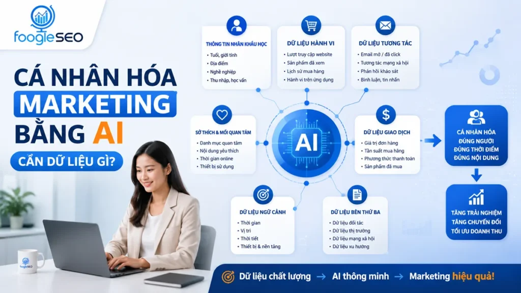 Infographic mô tả các loại dữ liệu AI cần để cá nhân hóa marketing và tối ưu trải nghiệm khách hàng.