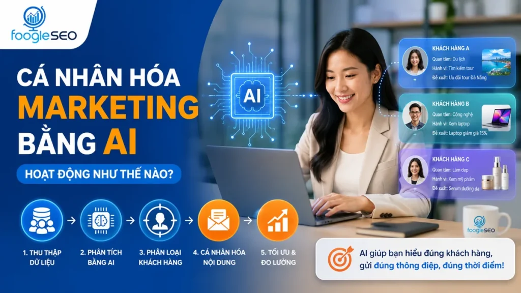 AI cá nhân hóa hoạt động marketing bằng cách thu thập dữ liệu khách hàng, phân tích hành vi, phân loại đối tượng và gửi nội dung phù hợp đúng thời điểm.