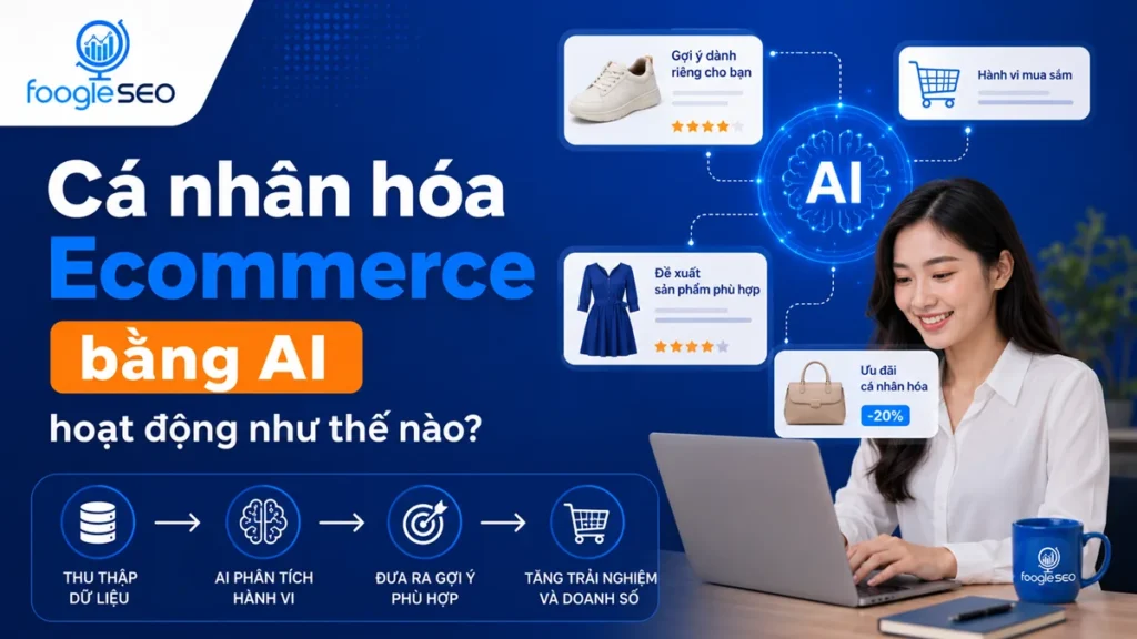 Minh họa cá nhân hóa Ecommerce bằng AI hoạt động như thế nào với quy trình thu thập dữ liệu, phân tích hành vi, đề xuất sản phẩm phù hợp và tăng trải nghiệm mua sắm cho khách hàng.