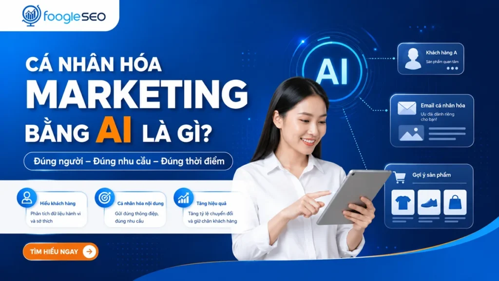 Cá nhân hóa Marketing bằng AI hiển thị quy trình phân tích dữ liệu khách hàng, gửi email cá nhân hóa và gợi ý sản phẩm phù hợp nhằm tăng tỷ lệ chuyển đổi.