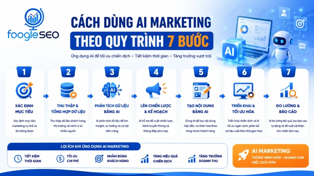 Infographic hướng dẫn cách dùng AI Marketing theo quy trình 7 bước, từ xác định mục tiêu, thu thập dữ liệu, phân tích bằng AI, lập chiến lược, tạo nội dung, triển khai chiến dịch đến đo lường và tối ưu hiệu quả.