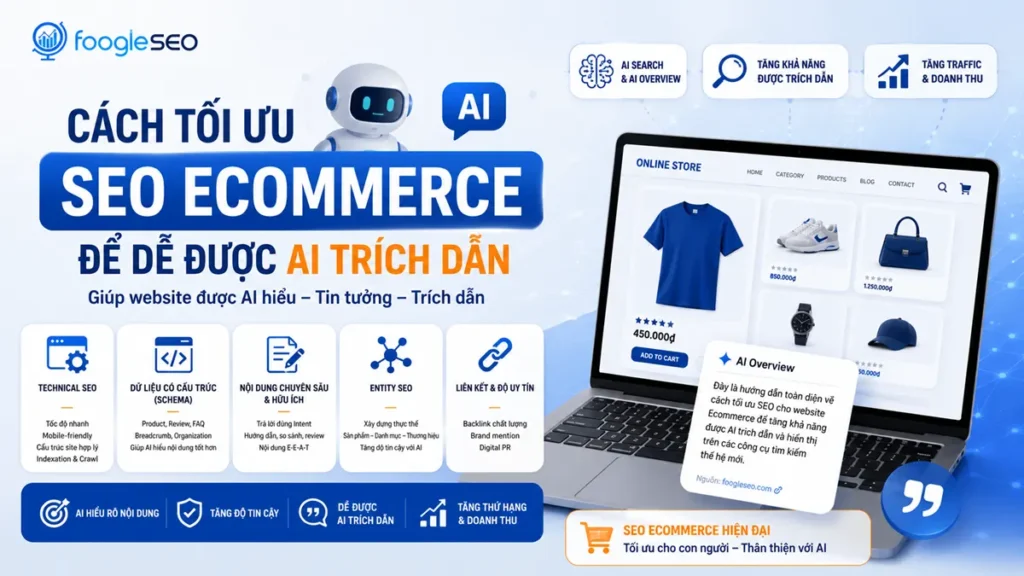 Hình minh họa hướng dẫn cách tối ưu SEO Thương mại điện tử giúp trang web tăng cường khả năng được AI trích dẫn thông qua dữ liệu có cấu trúc, nội dung chuyên sâu, Entity SEO và SEO kỹ thuật.