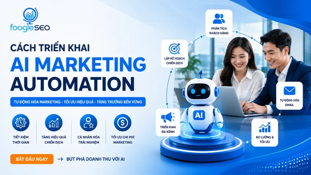 Hình ảnh minh họa cách triển khai AI Marketing Automation giúp doanh nghiệp tự động hóa marketing, tối ưu chiến dịch, phân tích khách hàng và nâng cao hiệu quả kinh doanh