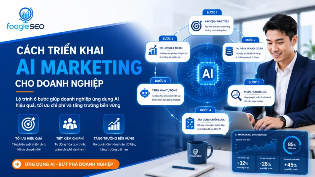 Cách triển khai AI Marketing cho doanh nghiệp qua lộ trình 6 bước gồm xác định mục tiêu, thu thập dữ liệu, phân tích dữ liệu, xây dựng chiến lược, tự động hóa và đo lường hiệu quả marketing.