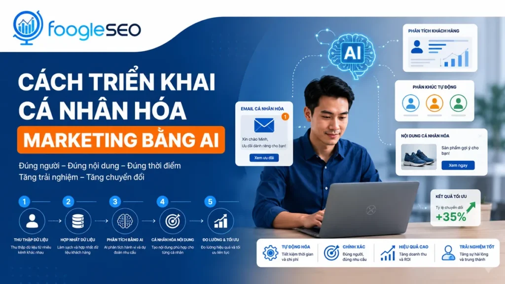 Hình ảnh minh họa cách triển khai cá nhân hóa Marketing bằng AI giúp doanh nghiệp phân tích dữ liệu khách hàng, tự động cá nhân hóa nội dung và tối ưu hiệu quả chiến dịch marketing.