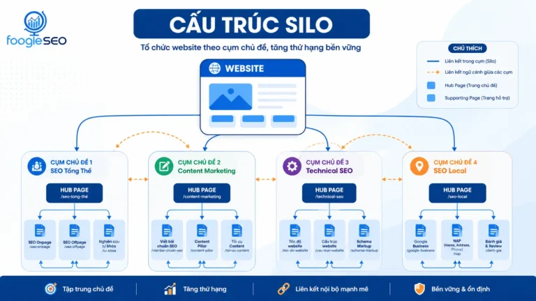 Mô hình cấu trúc silo gồm trang trung tâm, các cụm chủ đề và internal link