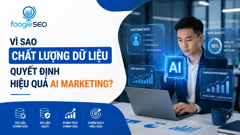 Chất lượng dữ liệu quyết định hiệu quả AI Marketing thông qua dữ liệu chính xác, dữ liệu sạch và phân tích AI, minh họa bởi chuyên gia làm việc trên máy tính