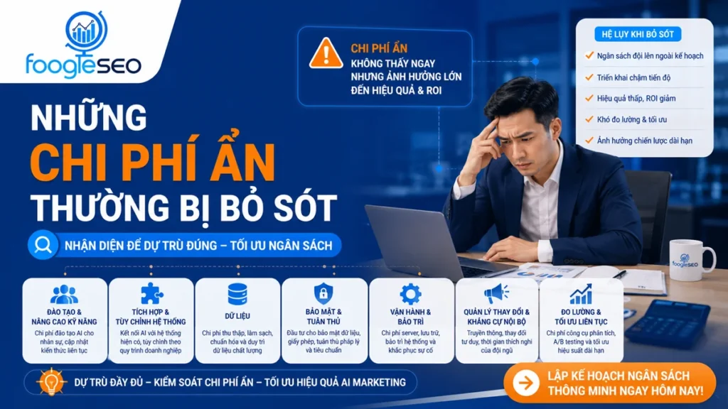 Infographic về những chi phí ẩn trong AI Marketing mà doanh nghiệp thường bỏ sót, giúp lập ngân sách đầy đủ và tối ưu ROI.