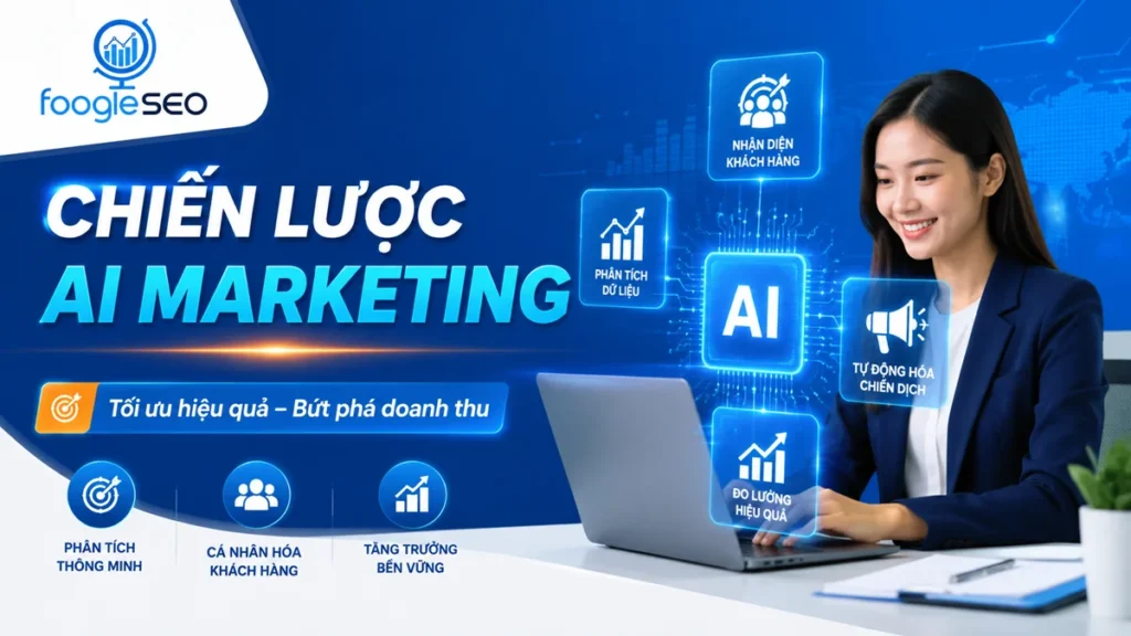 Hình ảnh minh họa chiến lược AI Marketing với chuyên gia làm việc trên laptop, giao diện AI phân tích dữ liệu, tự động hóa chiến dịch, nhận diện khách hàng và đo lường hiệu quả.