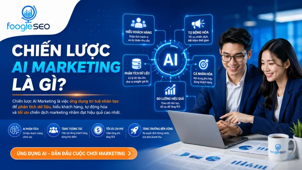 Hình ảnh minh họa chiến lược AI Marketing là gì với hai chuyên gia sử dụng laptop, biểu tượng AI kết nối phân tích dữ liệu, tự động hóa, cá nhân hóa, hiểu khách hàng và đo lường hiệu quả.