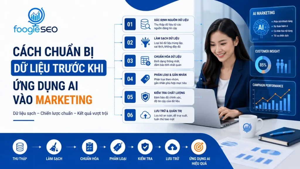 Doanh nghiệp chuẩn bị dữ liệu trước khi ứng dụng AI vào Marketing bằng cách thu thập, làm sạch, chuẩn hóa, phân loại, kiểm tra chất lượng và lưu trữ dữ liệu để tối ưu hiệu quả chiến dịch.