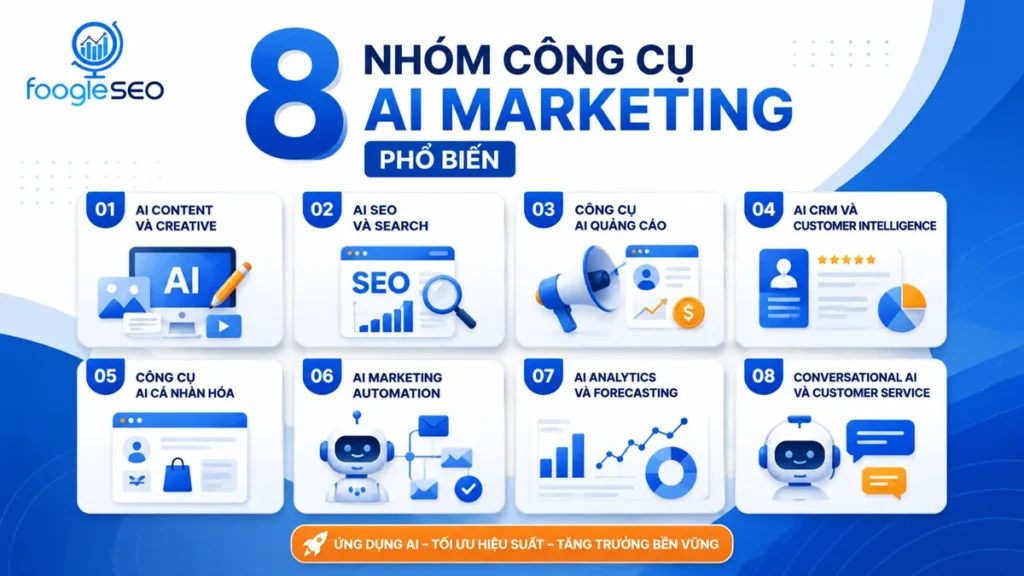 Infographic giới thiệu 8 nhóm công cụ AI Marketing phổ biến gồm AI Content và Creative, AI SEO và Search, AI quảng cáo, AI CRM, AI cá nhân hóa, AI Marketing Automation, AI Analytics và Forecasting, Conversational AI và Customer Service