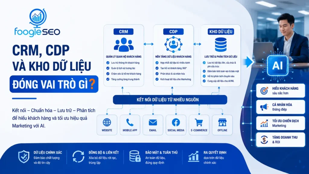 CRM, CDP và kho dữ liệu kết nối, chuẩn hóa, lưu trữ và phân tích dữ liệu khách hàng, giúp AI Marketing cá nhân hóa trải nghiệm, tối ưu chiến dịch và nâng cao hiệu quả kinh doanh.