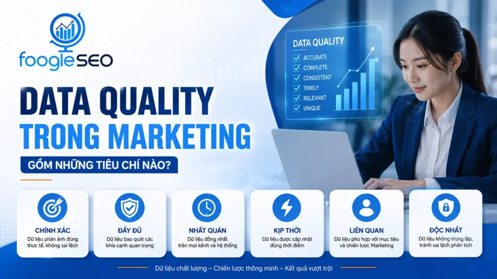 Data quality trong Marketing gồm các tiêu chí chính xác, đầy đủ, nhất quán, kịp thời, liên quan và độc nhất, giúp doanh nghiệp nâng cao hiệu quả phân tích dữ liệu và tối ưu chiến dịch AI Marketing.