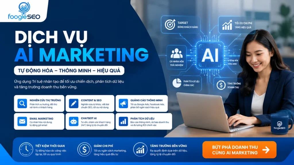 Hình ảnh minh họa dịch vụ AI Marketing giúp doanh nghiệp tự động hóa tiếp thị, SEO tối ưu, quảng cáo, phân tích dữ liệu và tăng trưởng doanh thu