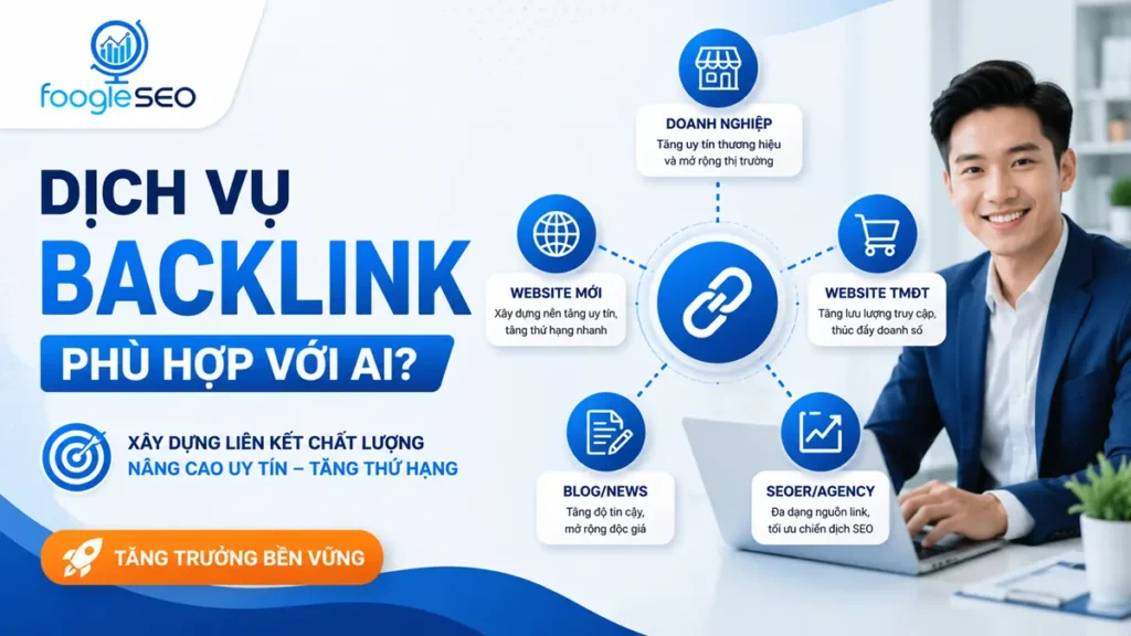 Banner Dịch vụ Backlink của FOOGLESEO giới thiệu các nhóm đối tượng phù hợp như doanh nghiệp, website mới, website thương mại điện tử, blog và SEO Agency nhằm xây dựng liên kết chất lượng, nâng cao uy tín website và cải thiện thứ hạng SEO.