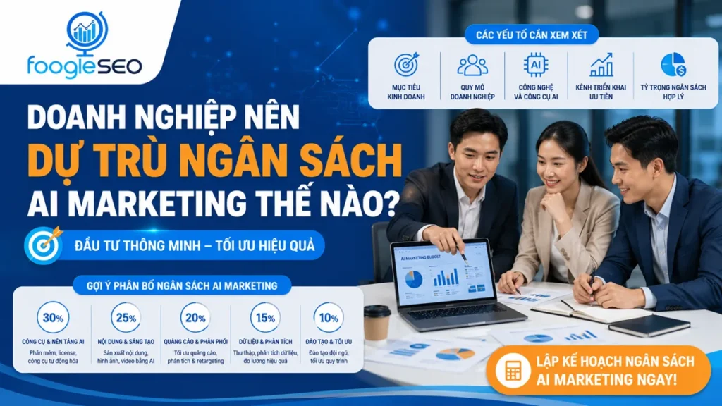 Doanh nghiệp lập kế hoạch dự trù ngân sách AI Marketing dựa trên mục tiêu kinh doanh, quy mô doanh nghiệp, công nghệ AI và phân bổ chi phí tối ưu.