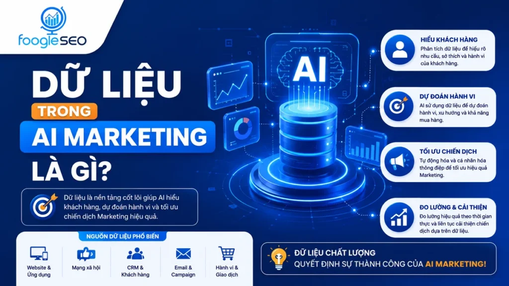 Infographic giải thích dữ liệu trong AI Marketing là gì, minh họa vai trò của dữ liệu trong phân tích khách hàng, dự đoán hành vi và tối ưu chiến dịch Marketing bằng AI.