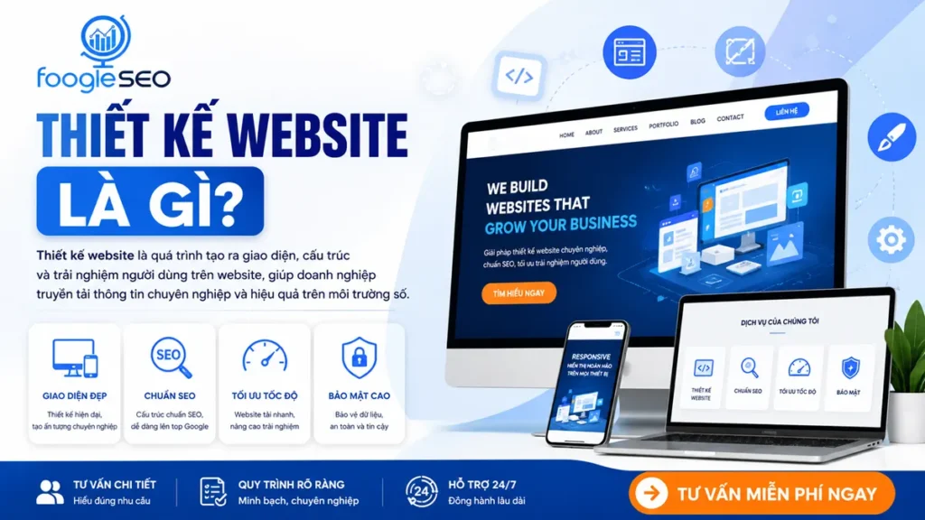Thiết kế website là quá trình xây dựng giao diện, cấu trúc và trải nghiệm người dùng trên website, giúp doanh nghiệp phát triển thương hiệu, chuẩn SEO và tăng hiệu quả kinh doanh trực tuyến.