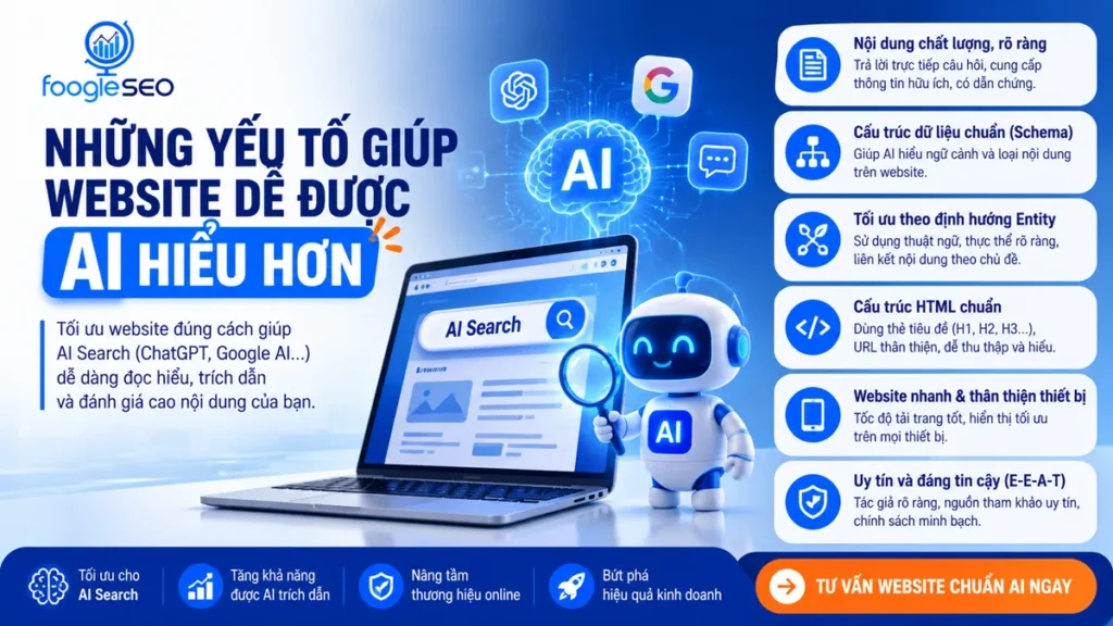 Những yếu tố giúp website dễ được AI hiểu hơn gồm nội dung chất lượng, cấu trúc dữ liệu Schema, Entity SEO, HTML chuẩn, tốc độ tải nhanh và trải nghiệm thân thiện trên mọi thiết bị.