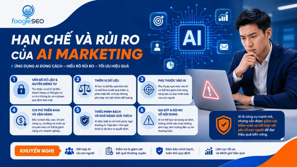 Hình minh họa các hạn chế và rủi ro của AI Marketing, bao gồm quyền riêng tư dữ liệu, thiên vị thuật toán, phụ thuộc vào AI, chi phí triển khai, thiếu minh bạch và nguy cơ tạo nội dung sai lệch.
