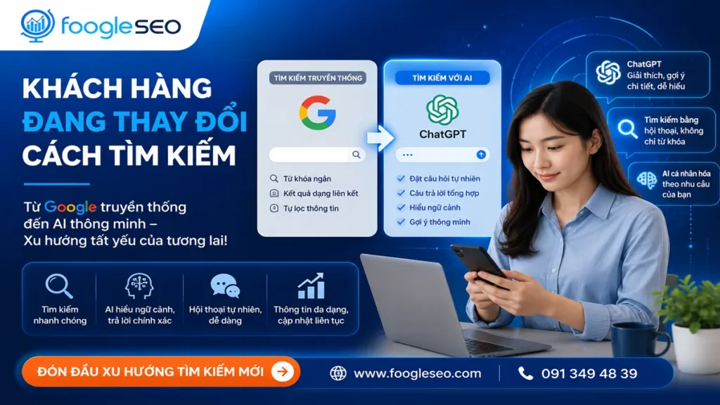 Hình ảnh minh họa khách hàng đang thay đổi cách tìm kiếm từ Google sang ChatGPT và AI, thể hiện xu hướng SEO AI giúp doanh nghiệp tiếp cận người dùng hiệu quả hơn.