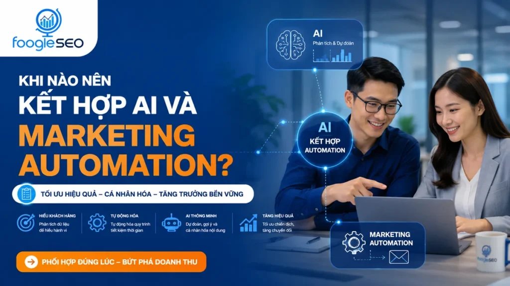 Infographic AI và Marketing Automation minh họa thời điểm doanh nghiệp nên kết hợp trí tuệ nhân tạo với tự động hóa marketing để tối ưu quy trình, nâng cao trải nghiệm khách hàng và tăng tỷ lệ chuyển đổi.