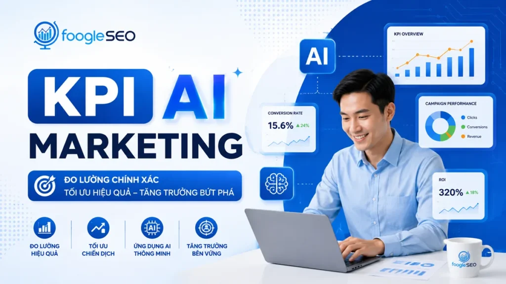 Infographic KPI AI Marketing hiển thị dashboard phân tích KPI, biểu đồ hiệu suất, chỉ số ROI, AI hỗ trợ tối ưu chiến dịch marketing