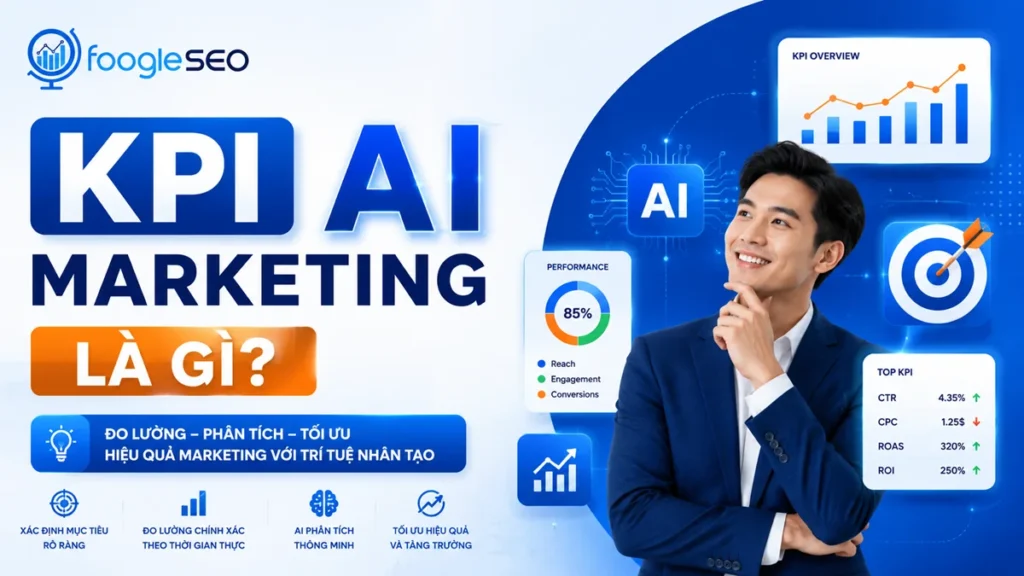 Infographic KPI AI Marketing là gì hiển thị dashboard KPI, biểu đồ hiệu suất, chỉ số ROI, AI phân tích dữ liệu marketing