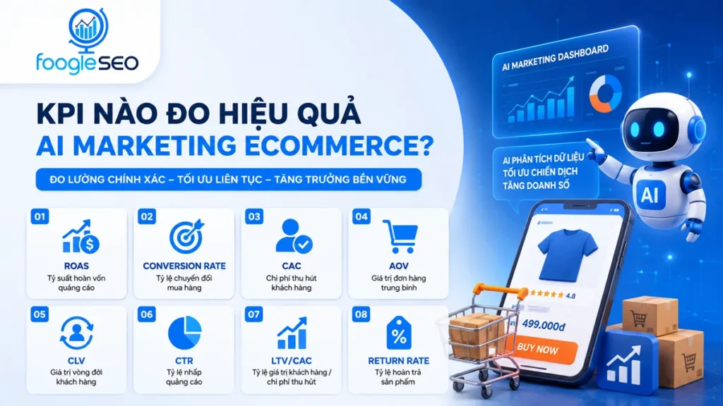 KPI AI Marketing Ecommerce gồm ROAS, Conversion Rate, CAC và AOV giúp tối ưu quảng cáo, tăng chuyển đổi và doanh số.