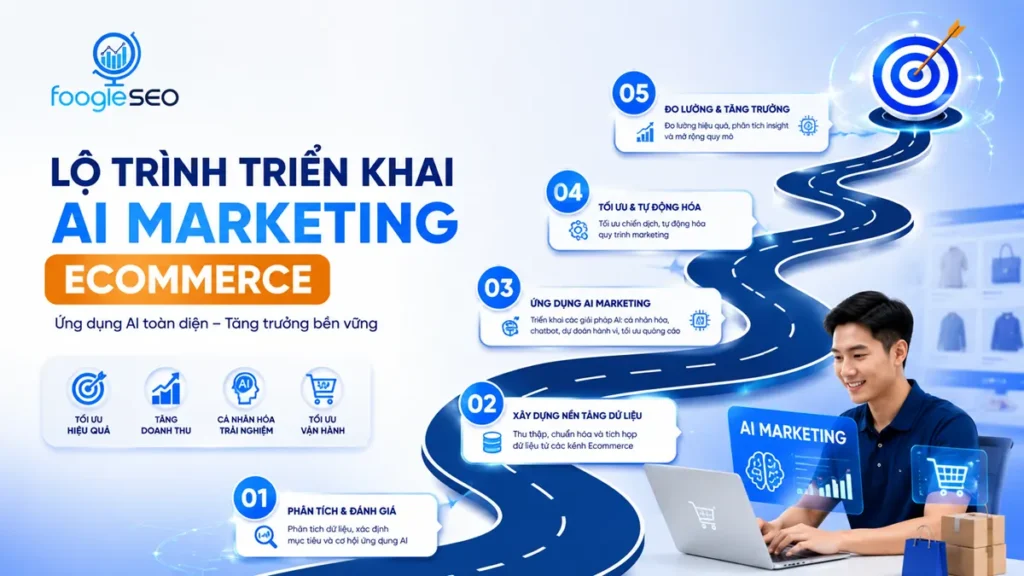 Lộ trình triển khai AI Marketing Ecommerce với 5 giai đoạn từ phân tích dữ liệu, xây dựng nền tảng, ứng dụng AI, tối ưu tự động hóa đến đo lường tăng trưởng
