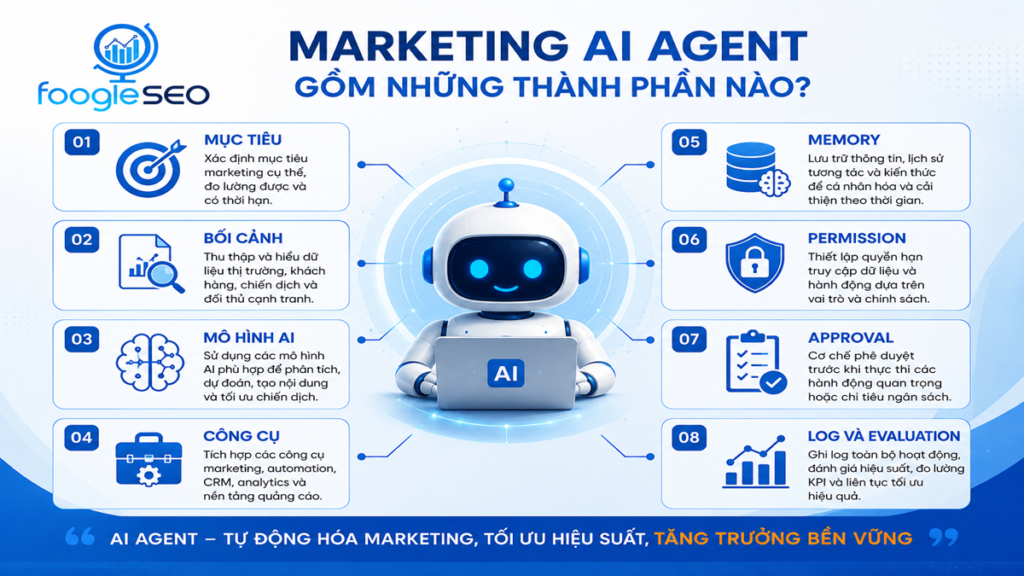 Hình minh họa một marketing AI agent gồm có 8 thành phần