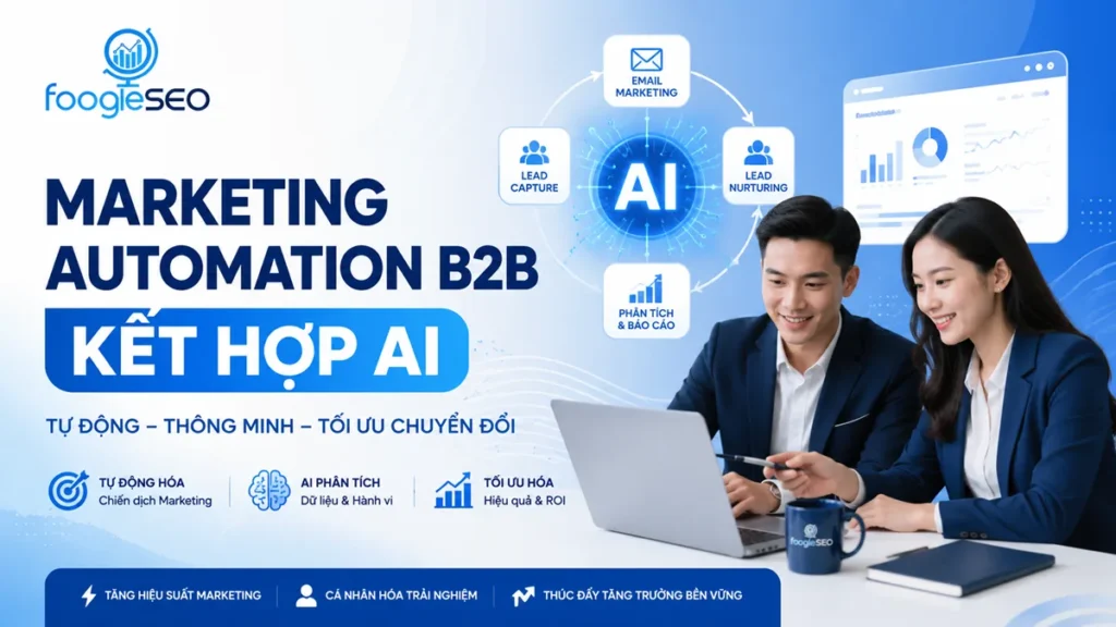 Infographic Marketing Automation B2B kết hợp AI minh họa quy trình tự động hóa email marketing, lead capture, lead nurturing và phân tích dữ liệu nhằm tối ưu ROI, tăng hiệu suất marketing và chuyển đổi cho doanh nghiệp B2B