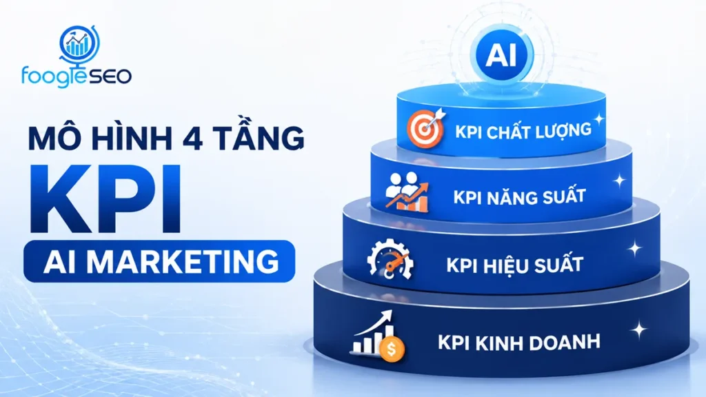 Mô hình 4 tầng KPI AI Marketing gồm KPI chất lượng, KPI năng suất, KPI hiệu suất và KPI kinh doanh được minh họa bằng sơ đồ phân tầng