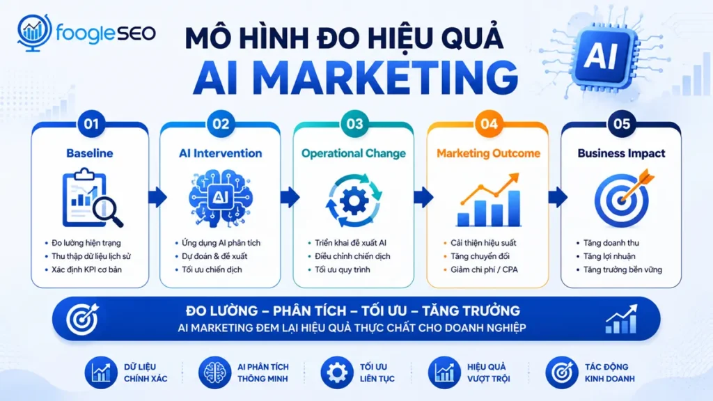 Mô hình đo hiệu quả AI Marketing giúp doanh nghiệp đánh giá tác động của AI từ dữ liệu ban đầu, triển khai AI, thay đổi vận hành, cải thiện kết quả marketing đến tăng trưởng kinh doanh.