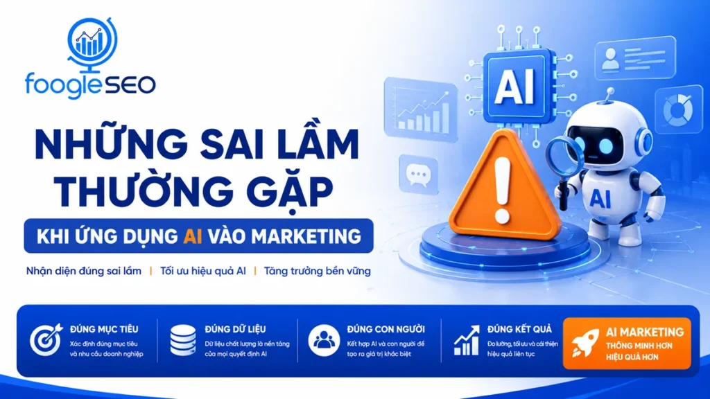 Hình minh họa những sai lầm thường gặp khi ứng dụng AI vào Marketing, nhấn mạnh việc xác định đúng mục tiêu, sử dụng dữ liệu chất lượng, kết hợp AI với con người và tối ưu hiệu quả chiến dịch.