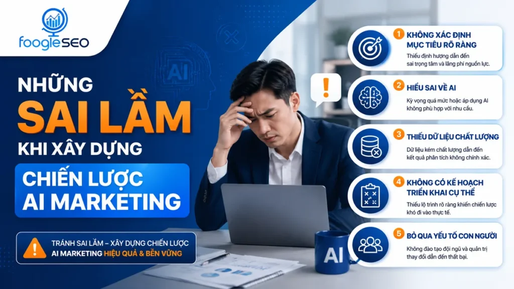 Infographic những sai lầm khi xây dựng chiến lược AI Marketing, gồm các lỗi về mục tiêu, dữ liệu, kế hoạch, hiểu AI và yếu tố con người, giúp doanh nghiệp triển khai AI hiệu quả.