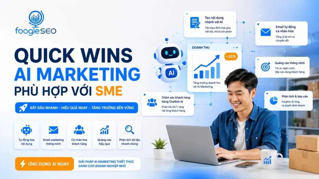 Quick Wins AI Marketing phù hợp với SME giúp doanh nghiệp nhỏ tự động hóa marketing, tạo nội dung bằng AI, cá nhân hóa email, chăm sóc khách hàng bằng chatbot, tối ưu quảng cáo và phân tích dữ liệu để tăng trưởng doanh thu.